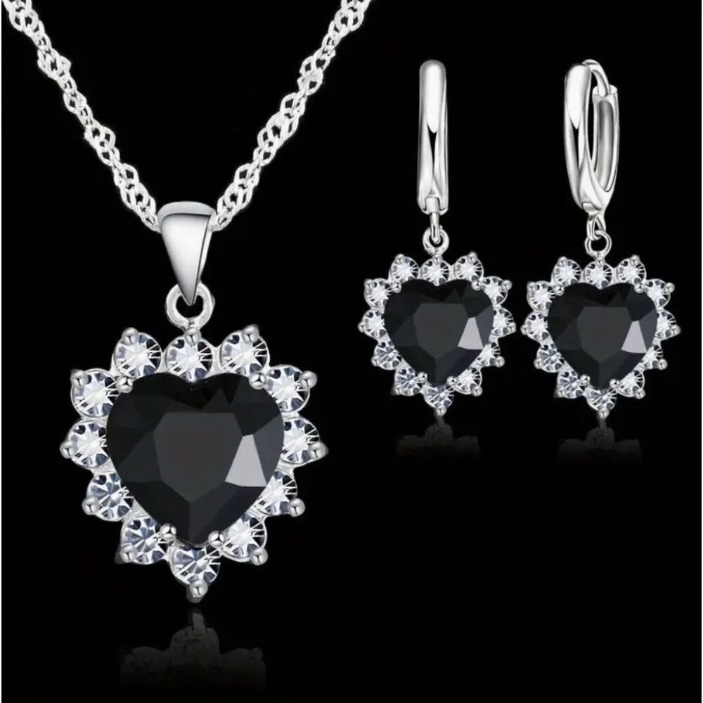 Heart-Shaped Black & Clear Crystal Pendant Necklace & Earrings Set Silver Tone